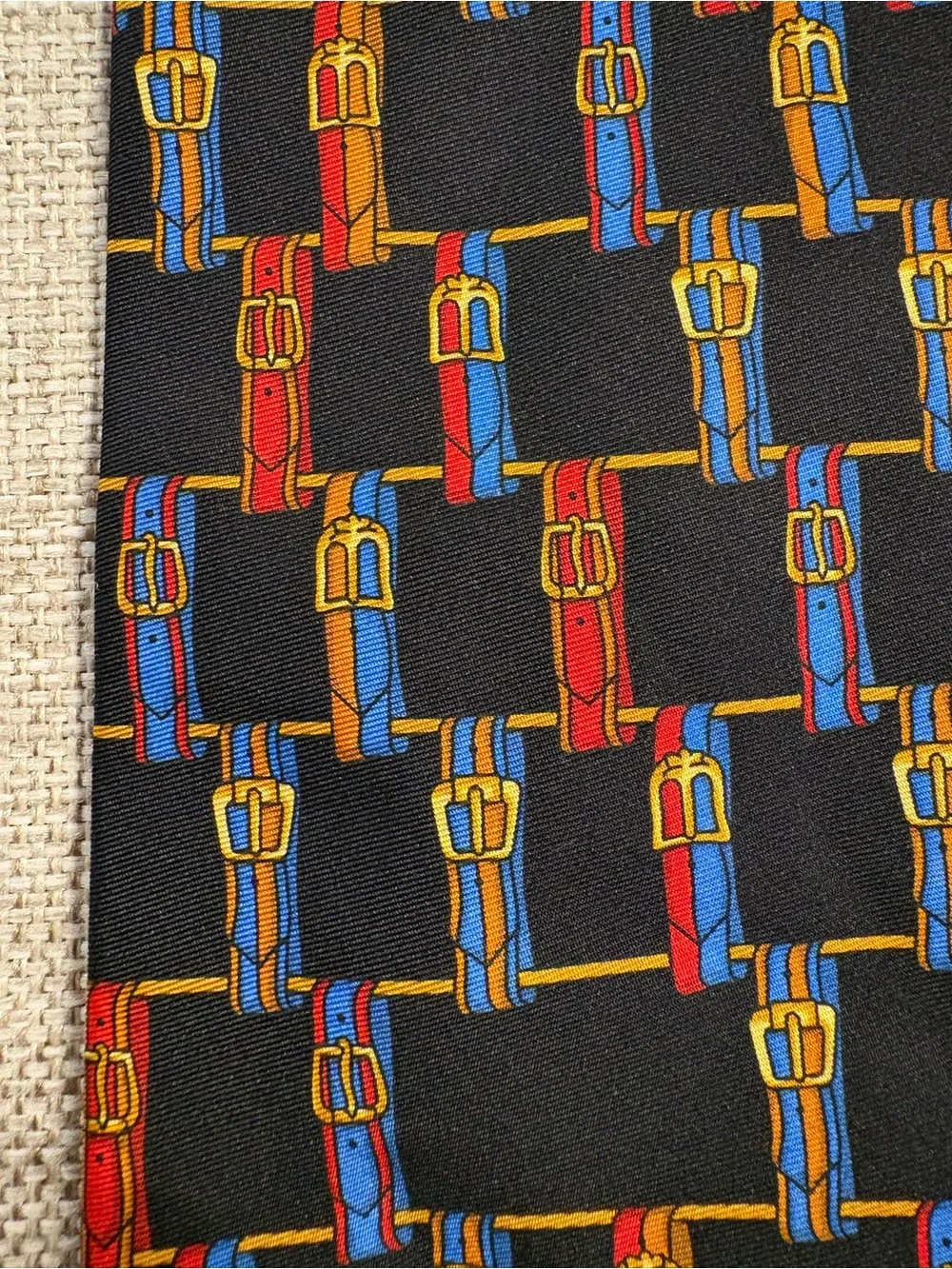 Vintage Richel Italian Silk Tie Belt Buckle Equestrian Print 3.5”